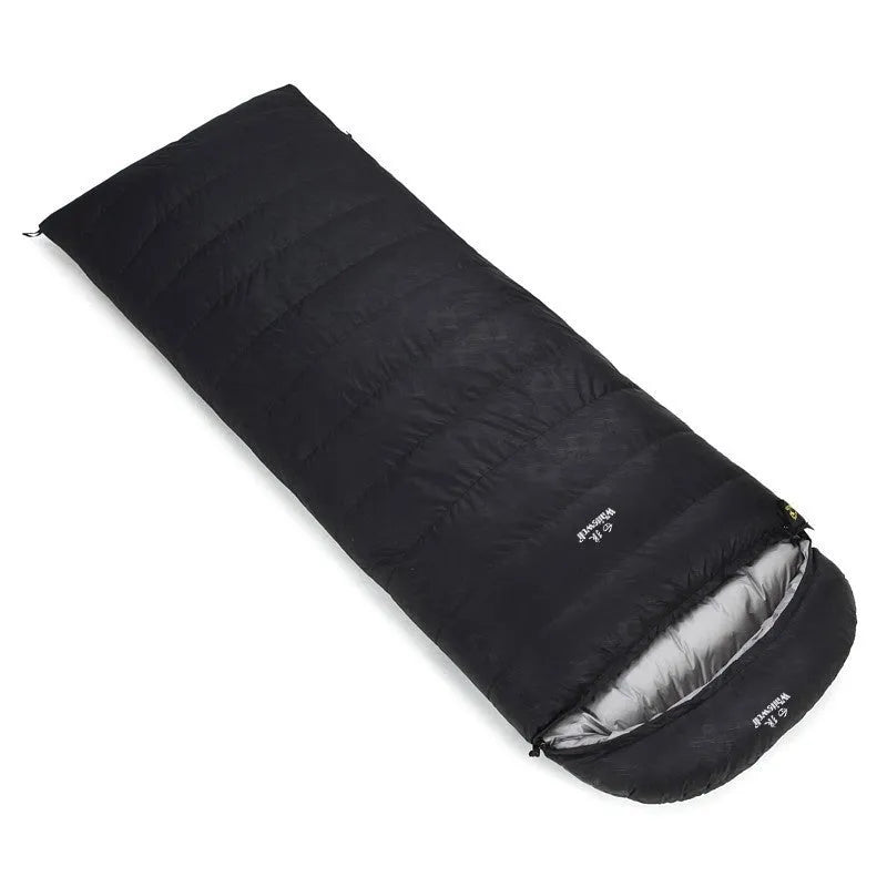 Black outdoor down sleeping bag with envelope construction for adult camping use