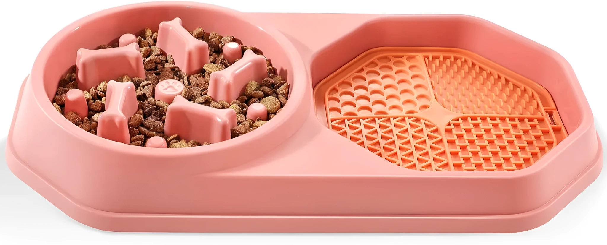 Blue interactive slow feeder dog bowl with puzzle partitions for dry and wet food on a non-slip base.