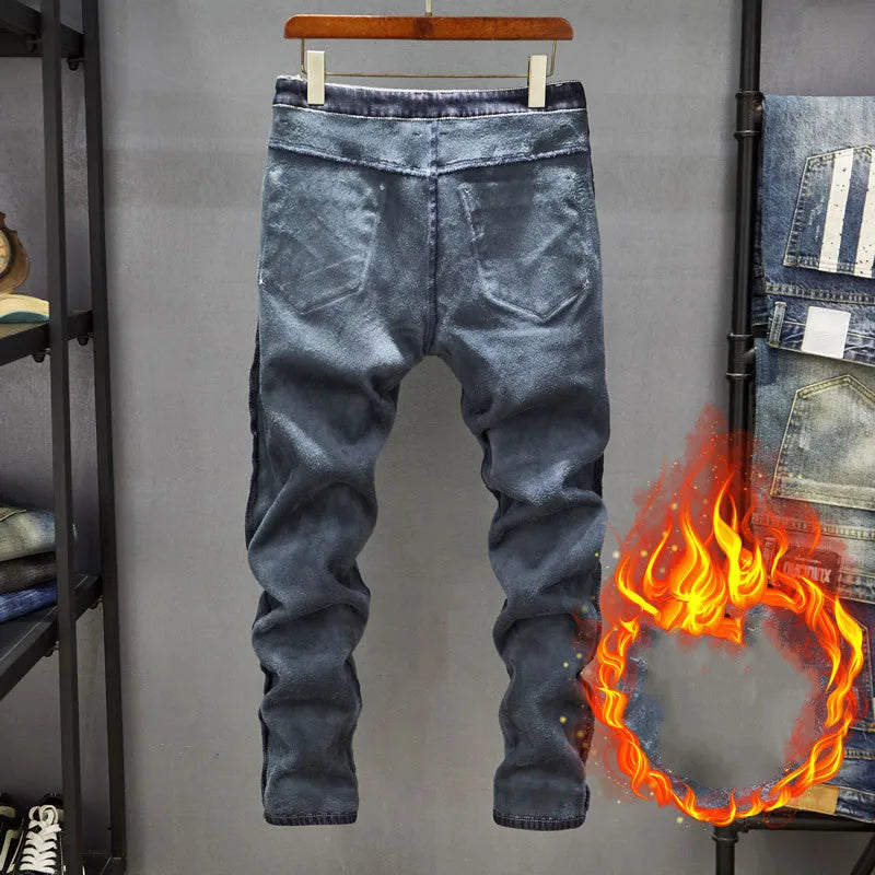 Men's slim-fit skinny jeans in dark blue cotton denim on a hanger.