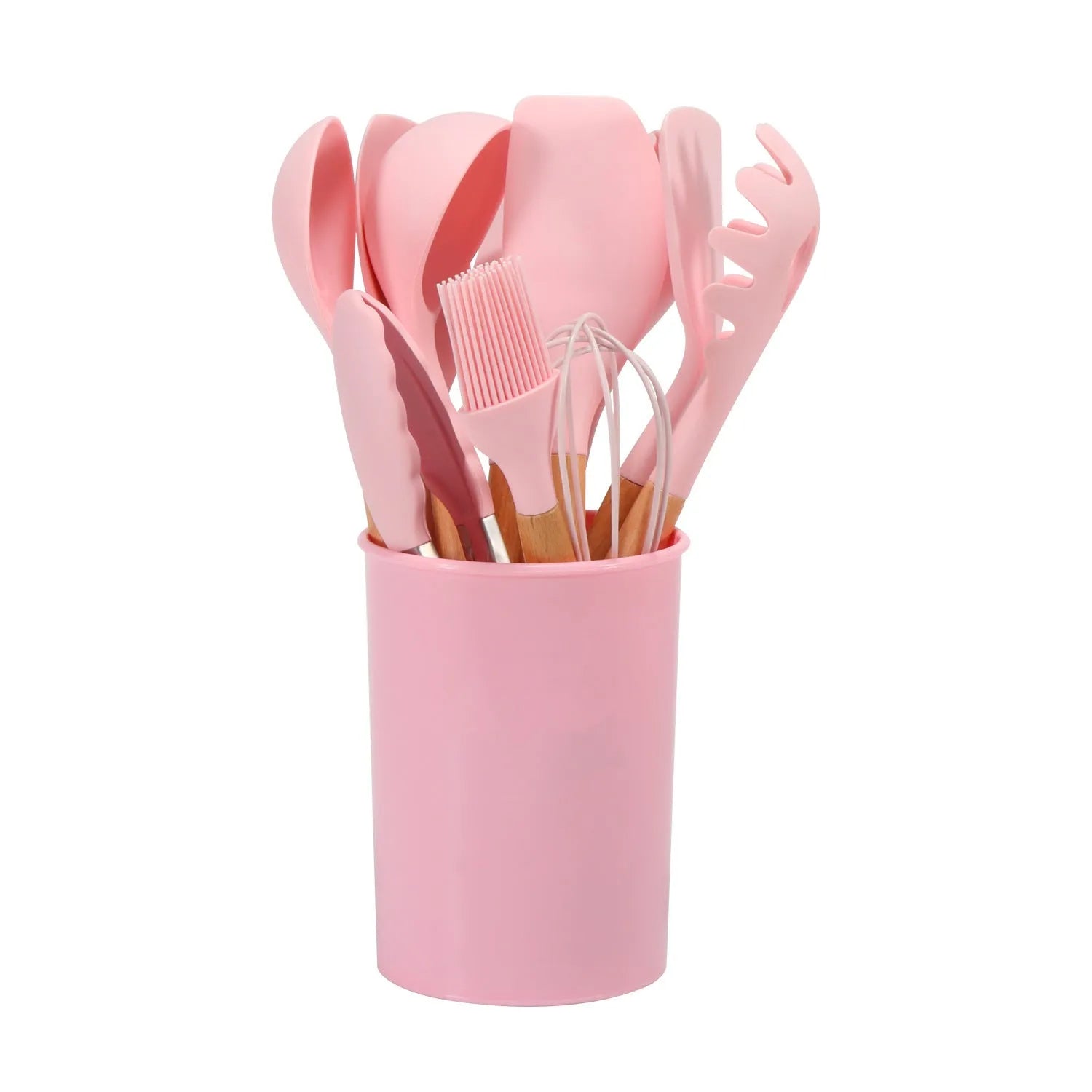 12-piece non-stick silicone kitchenware set with wooden handles in modern simplicity design, various colour box packaging options