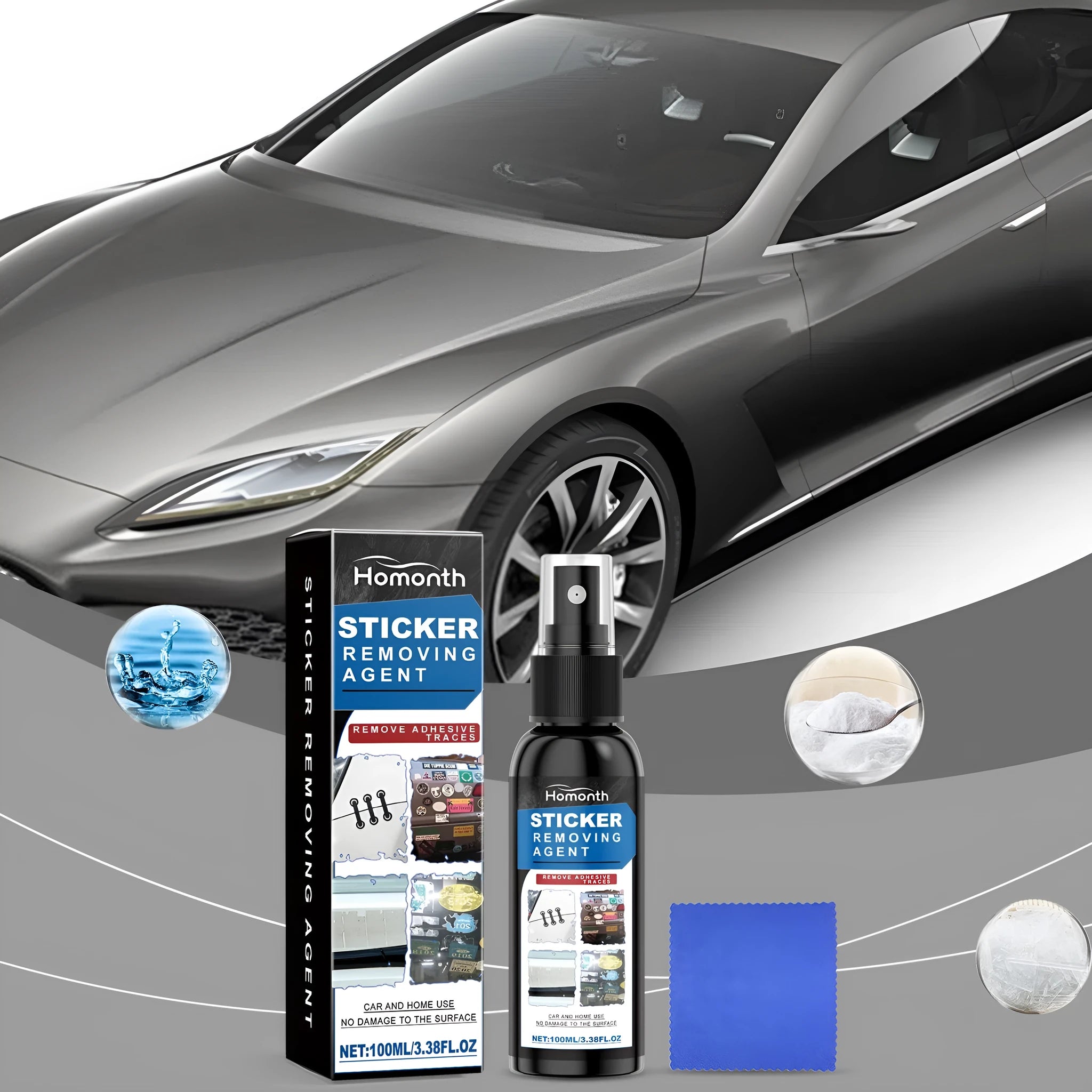 Automobile sticker remover set with 100ml bottle and square towel on car windscreen