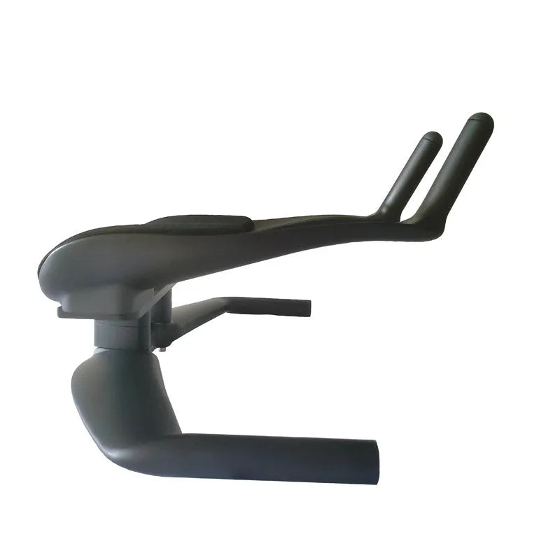 Black carbon fibre TT timing handlebars for road and time trial bikes, showing aero arm rests.