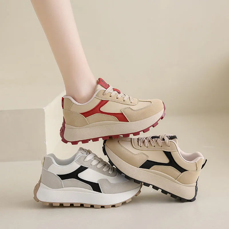 Women's low-top platform trainers with front lace-up design in card black, khaki red and white grey colour options