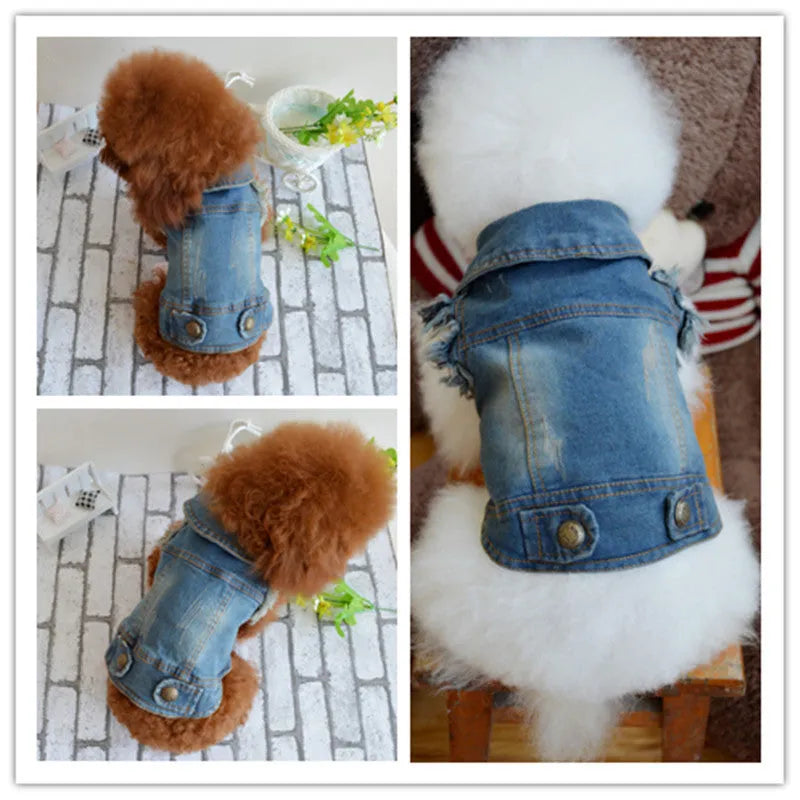 Retro scratch pattern denim dog vest for small breeds in dark blue and light blue options