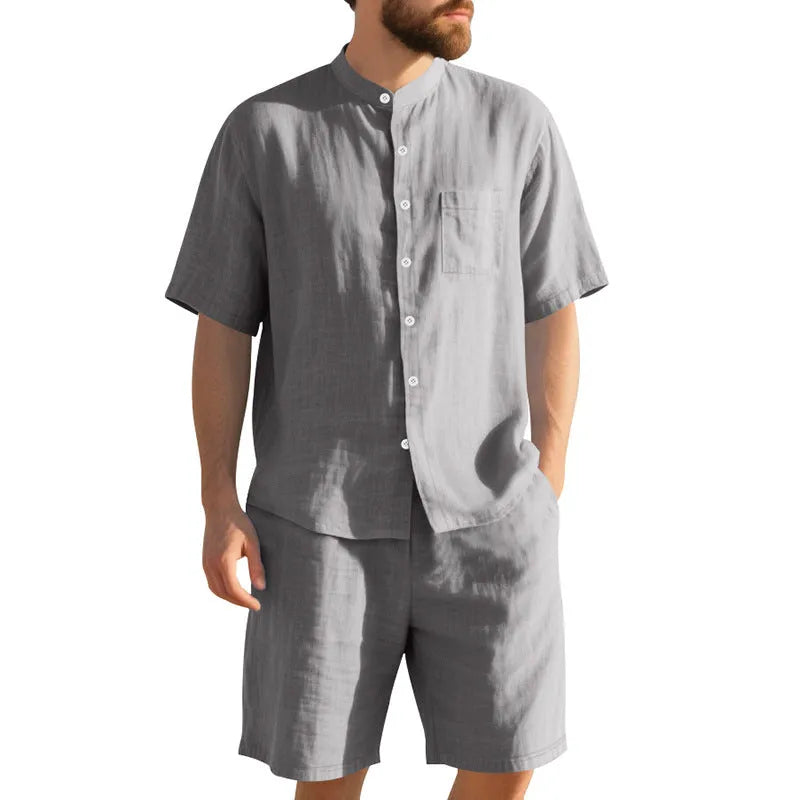Men's linen summer suit two-piece set with Henry collar shirt and shorts in multiple colour options