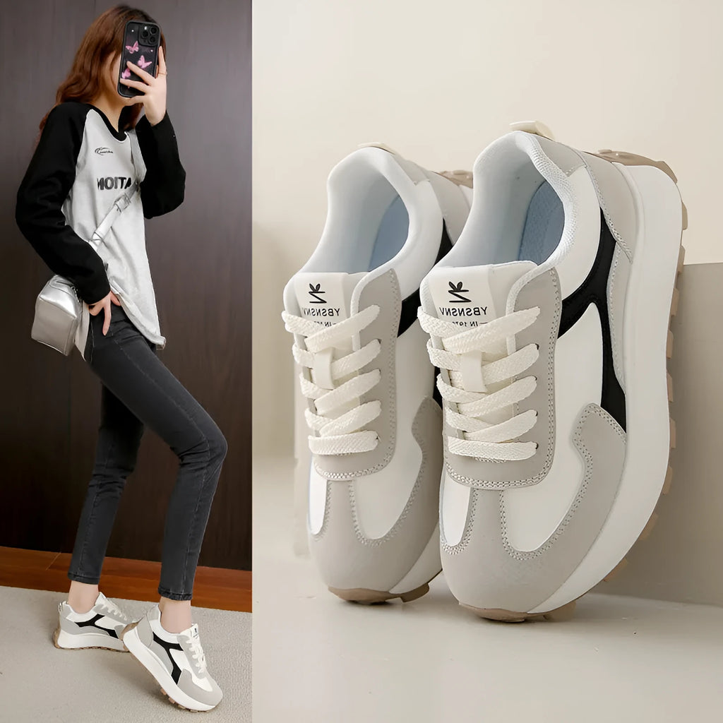 Women's low-top platform trainers with front lace-up design in card black, khaki red and white grey colour options