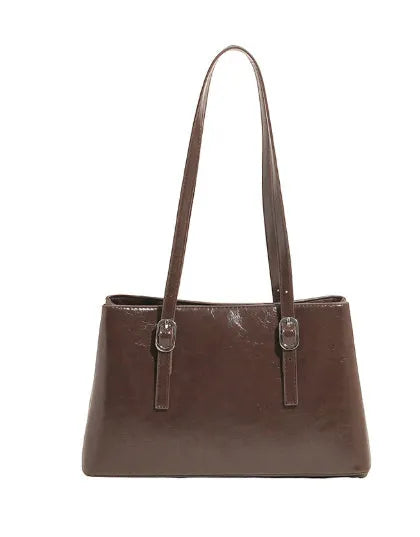 Fashion retro underarm shoulder bag in brown PU with sewing line detail, horizontal square shape