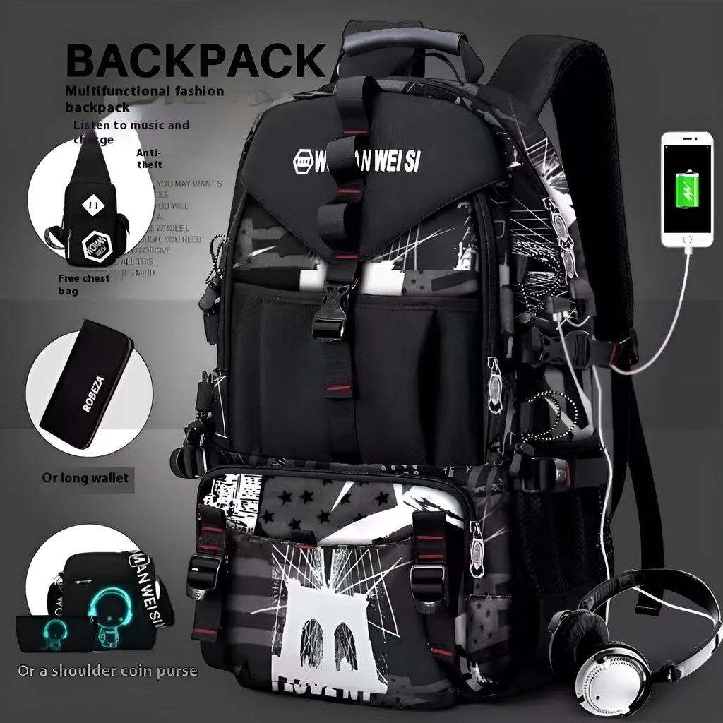 Men's black waterproof Oxford cloth hiking backpack with 56-75 litre capacity