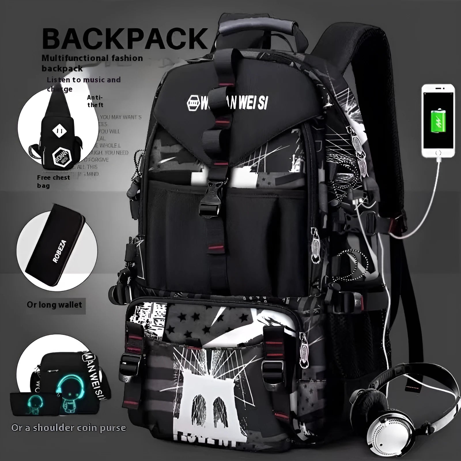 Men's black waterproof Oxford cloth hiking backpack with 56-75 litre capacity