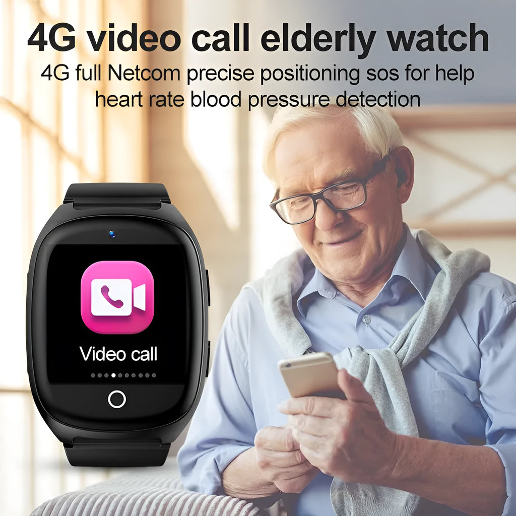 Black GPS tracker smartwatch with 1.54-inch touch screen displaying health metrics and SOS function