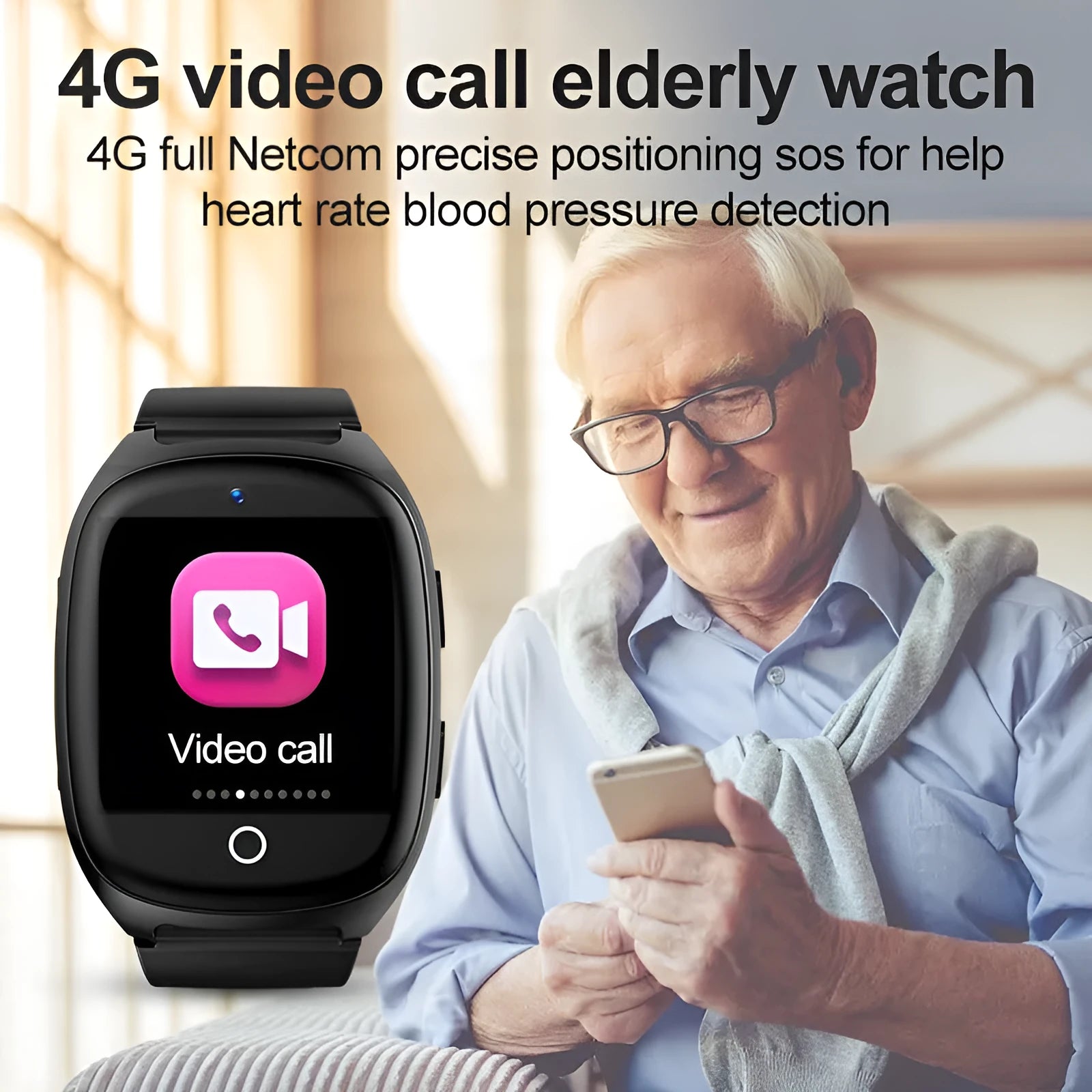 Black GPS tracker smartwatch with 1.54-inch touch screen displaying health metrics and SOS function