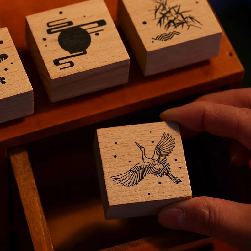 Wooden DIY stamp set with traditional crane designs for stationery decoration