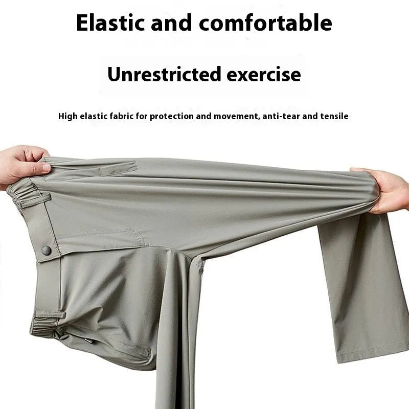 Men's solid colour Ice Silk loose-fit straight-leg trousers in black, dark blue, and light grey.