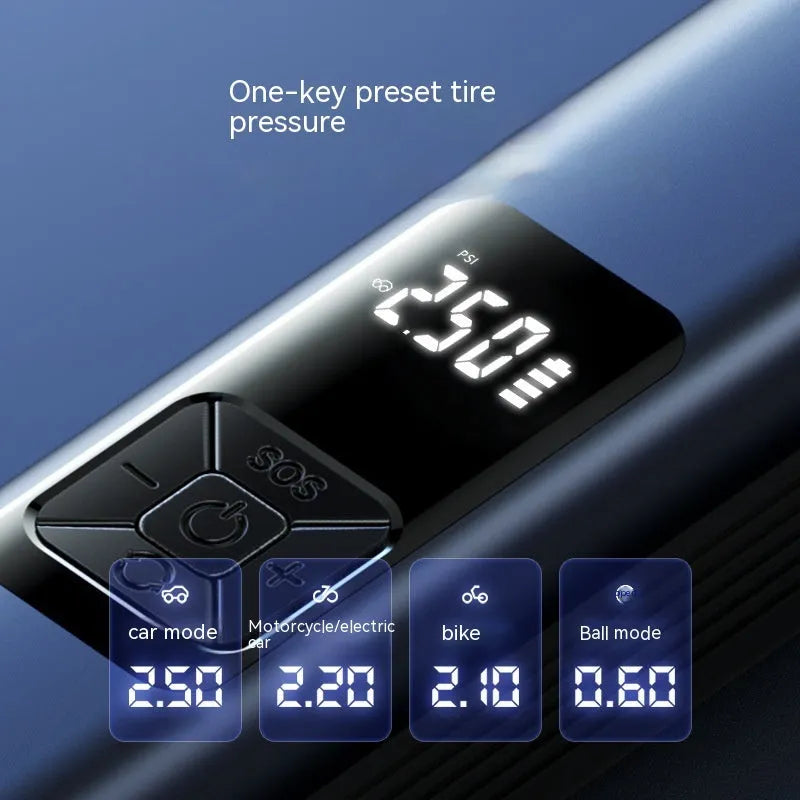 Silver and black portable car air pump with digital display, shown with adapters and USB cable on a table.