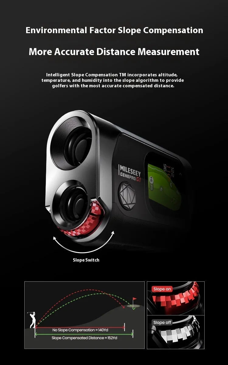 Black GPS rangefinder with telescope display and AMOLED touchscreen for outdoor distance measurement