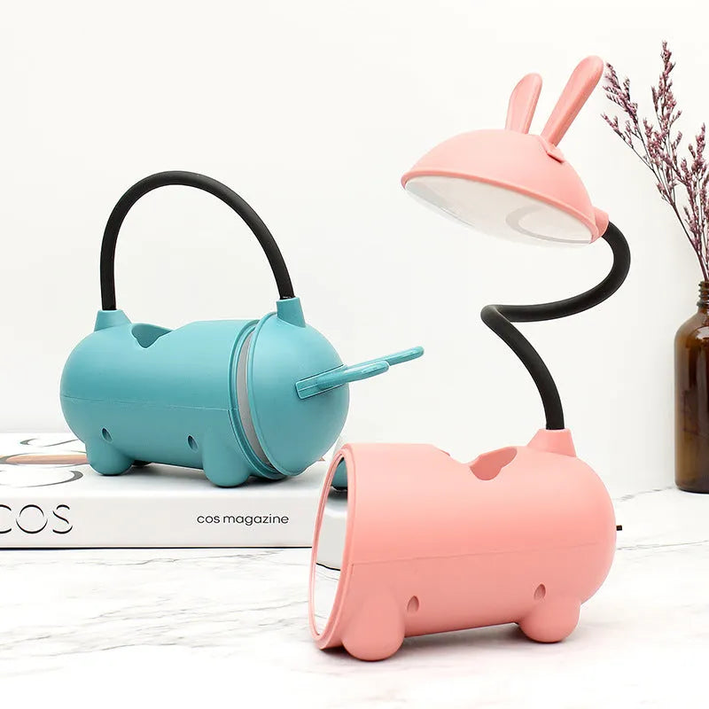 Cartoon style desktop pen container lamp in green, dark blue, or pink with USB cable