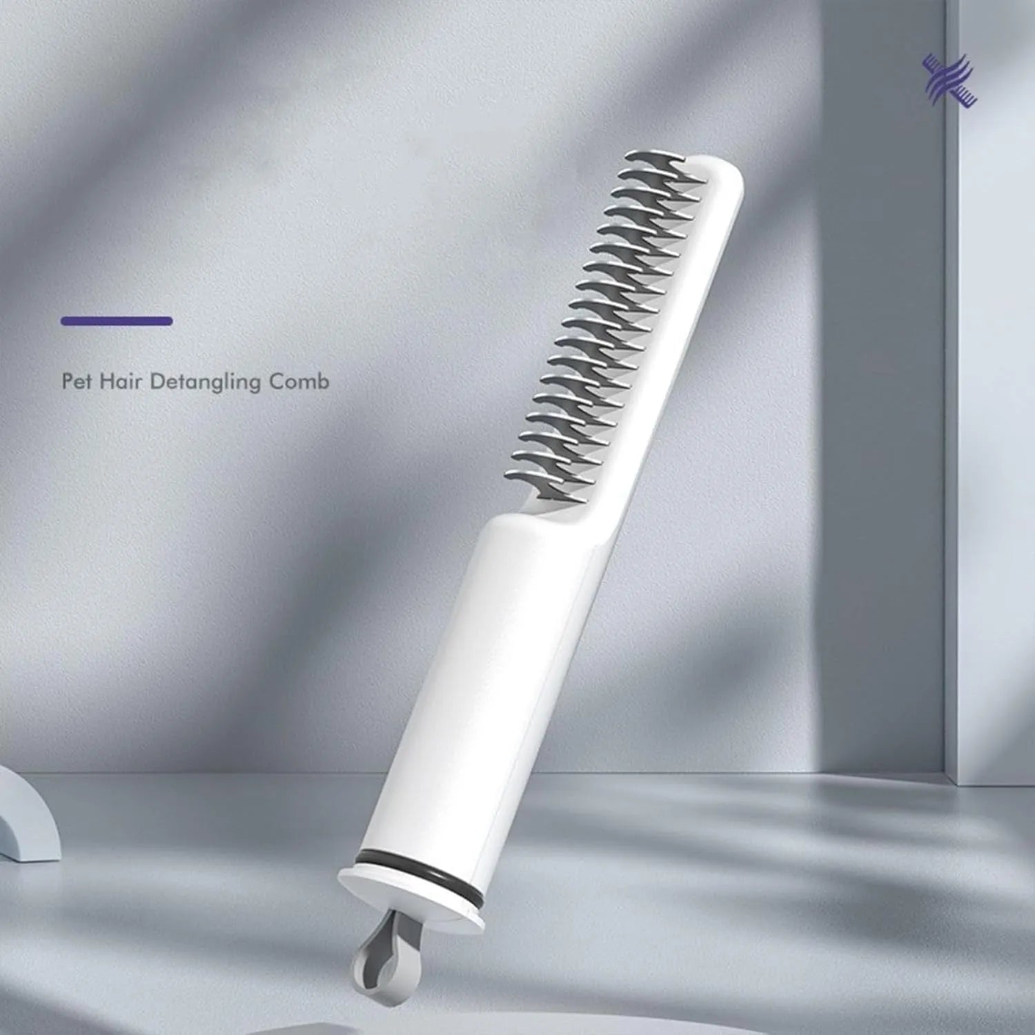 Pink and white stainless steel dematting comb for dogs with ergonomic handle on a plain background.