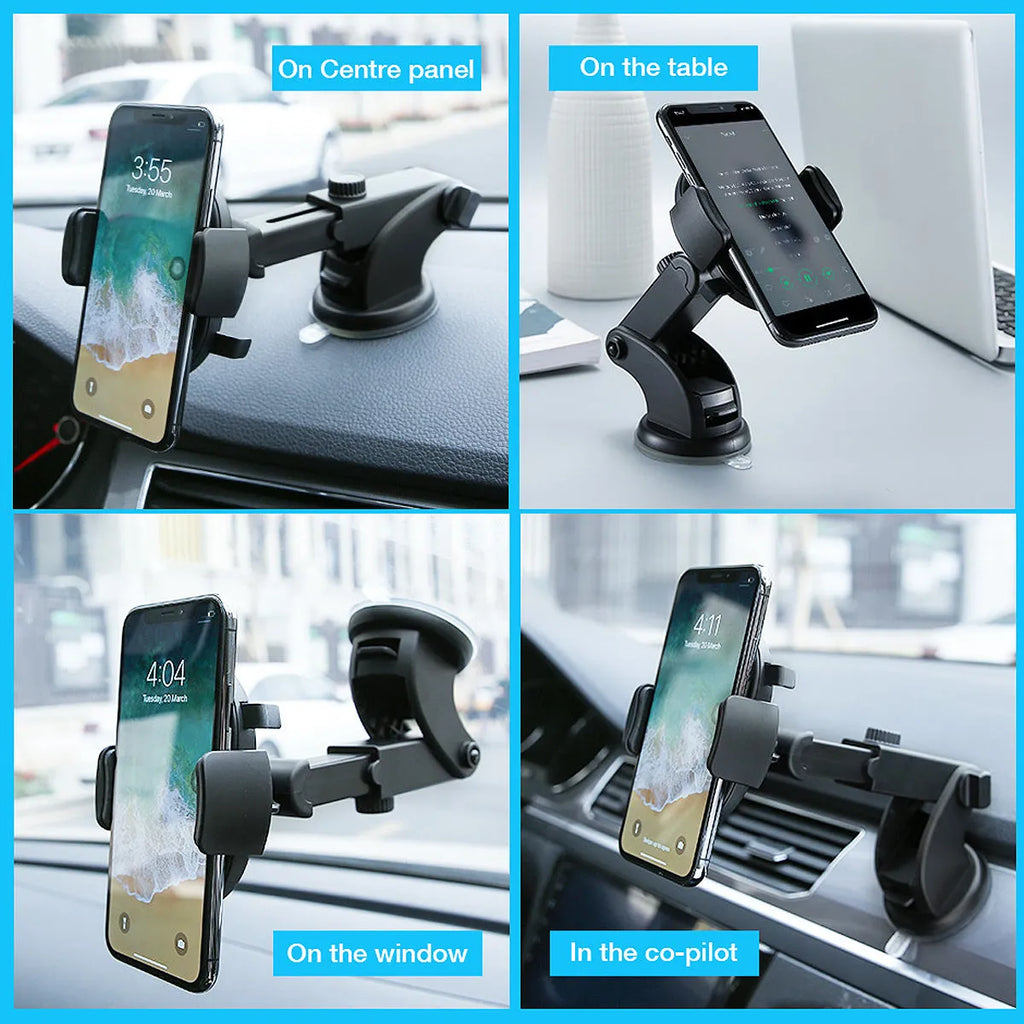 Yellow and black telescopic car phone holder with gel suction cup mounted on dashboard