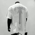 Men's black and white loose-fit pure cotton short sleeve casual shirt on a hanger.
