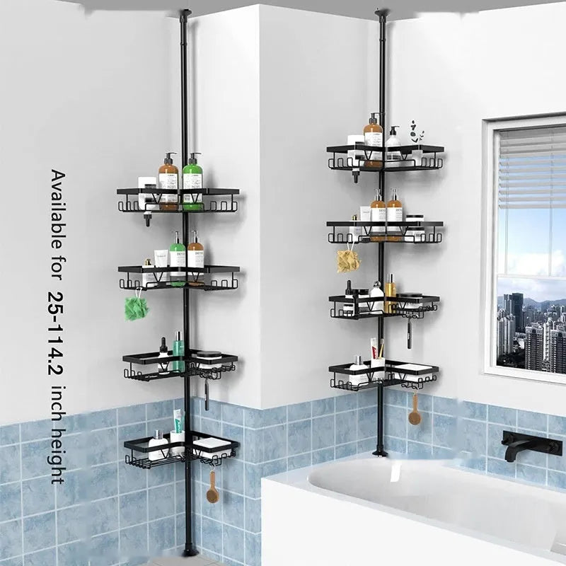 Four-layer retractable bathroom storage rack in stainless steel and iron construction