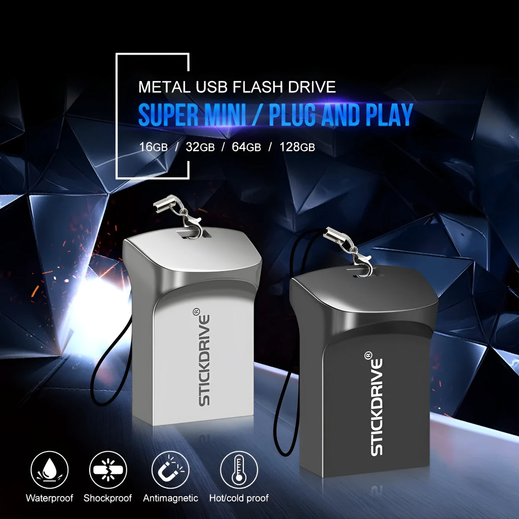 Metal USB flash drive with necklace chain attachment in black or silver finish