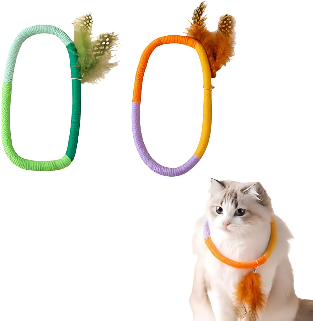 Green circular cotton rope cat toy with white feathers attached for chewing and interactive play.