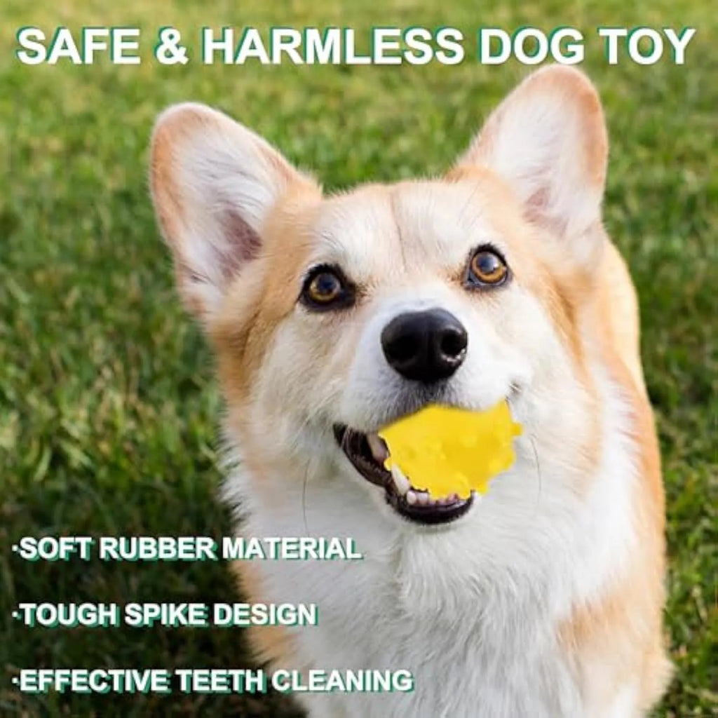 Bright blue, green, pink, and yellow spiked dog balls with paw print dimples on a white background.