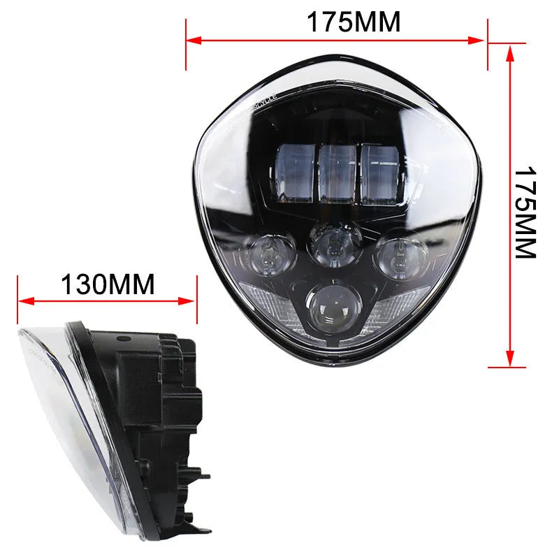Black motorcycle LED headlight with near and far light, aluminium alloy shell, size 21.4x21x16.5cm