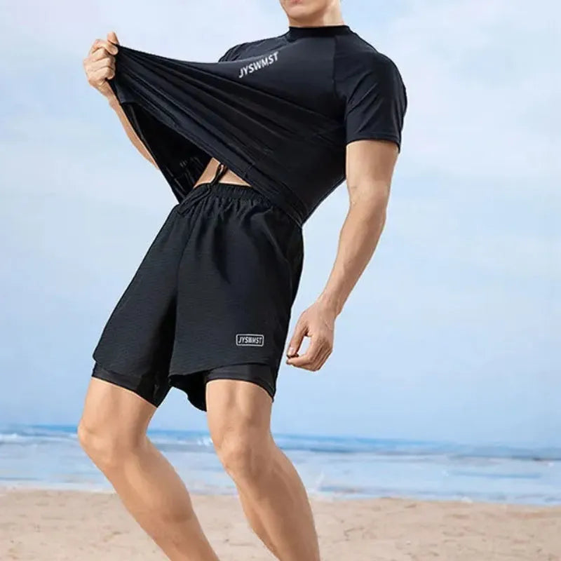 Men's plus size polyester swimming trunks and top set in colour pattern options A, B, or C Suit.