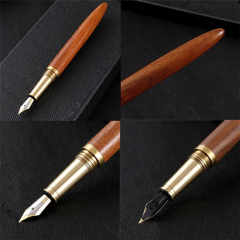 Business fountain pen with stainless steel nib and wooden body in rosewood finish on white background