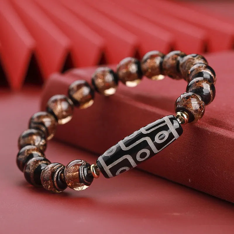 Colourful Chinese style coloured glaze bracelet with auspicious patterns, showing bead size options.