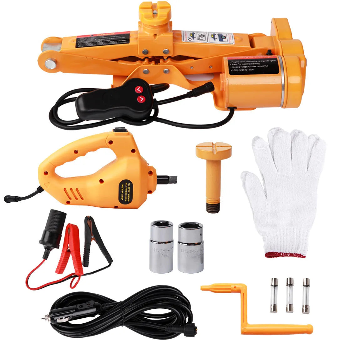Yellow car electric jack set with hydraulic lift and electric wrench for vehicle tyre changes