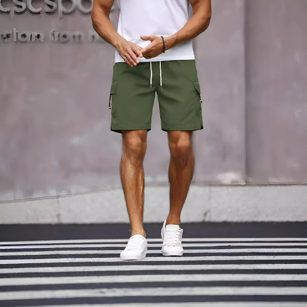 Men's loose fit workwear shorts in fluorescent green and army green colours with straight leg design