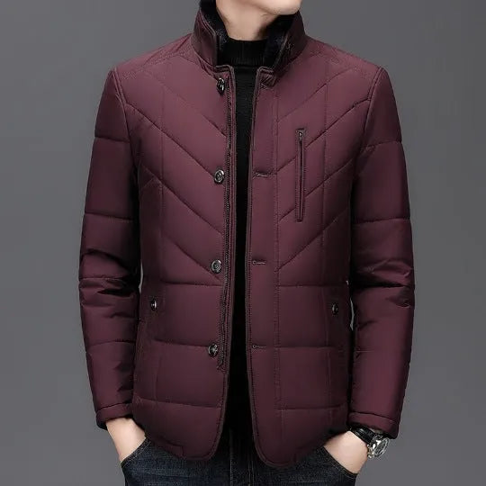 Men's solid-colour short winter coat with side pocket in dark blue, shown on a size chart.