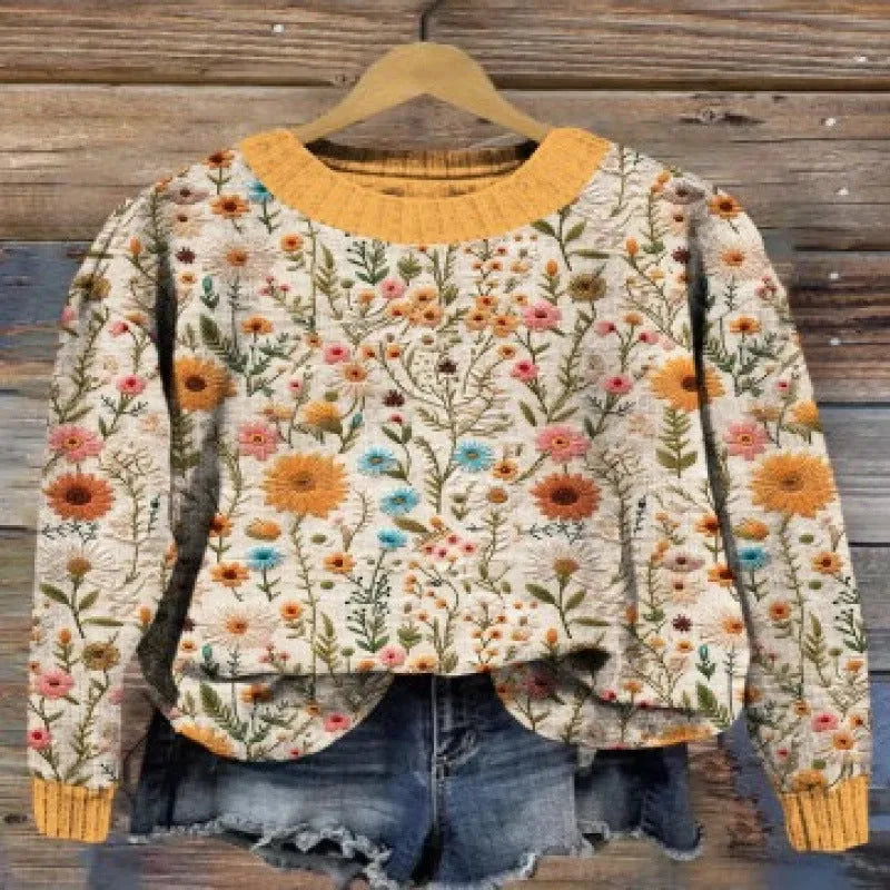 Women's digital printed floral pattern round neck sweater in polyester fabric