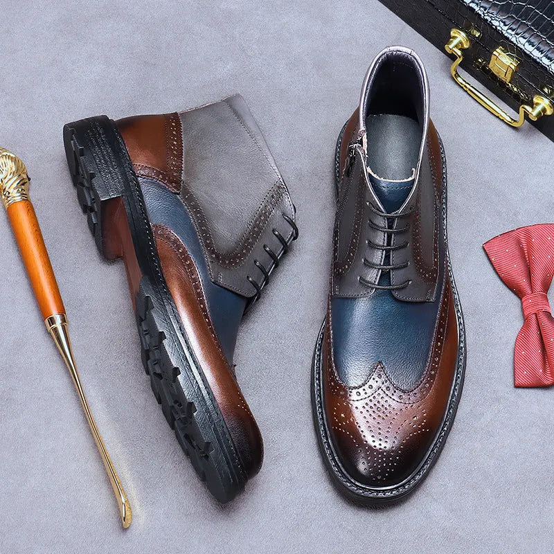 Men's Coffee Blue leather brogue boots with stitching detail and a low square heel.