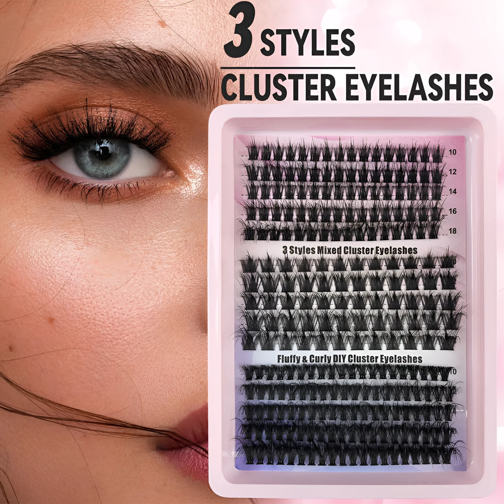 Box of mixed false eyelashes showing five style options with varying volumes from natural to dramatic.