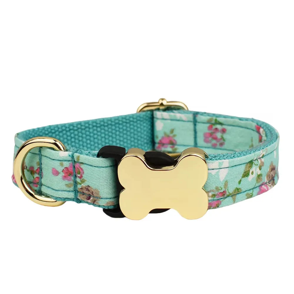 Nylon dog collar with bone-shaped buckle and grid print in multiple colours.