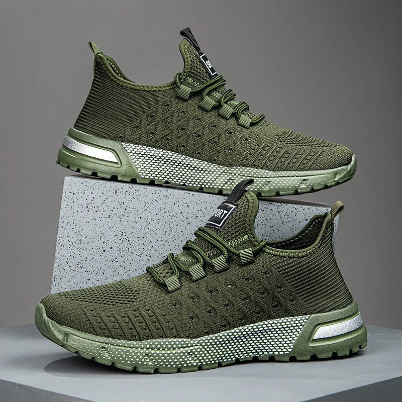 Men's casual mesh shoes in six colour options showing Army Green, Black, and Light Gray examples