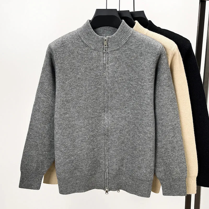 Men's black knitted cardigan with stand collar and full zipper front, loose fit design