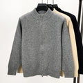 Men's black knitted cardigan with stand collar and full zipper front, loose fit design