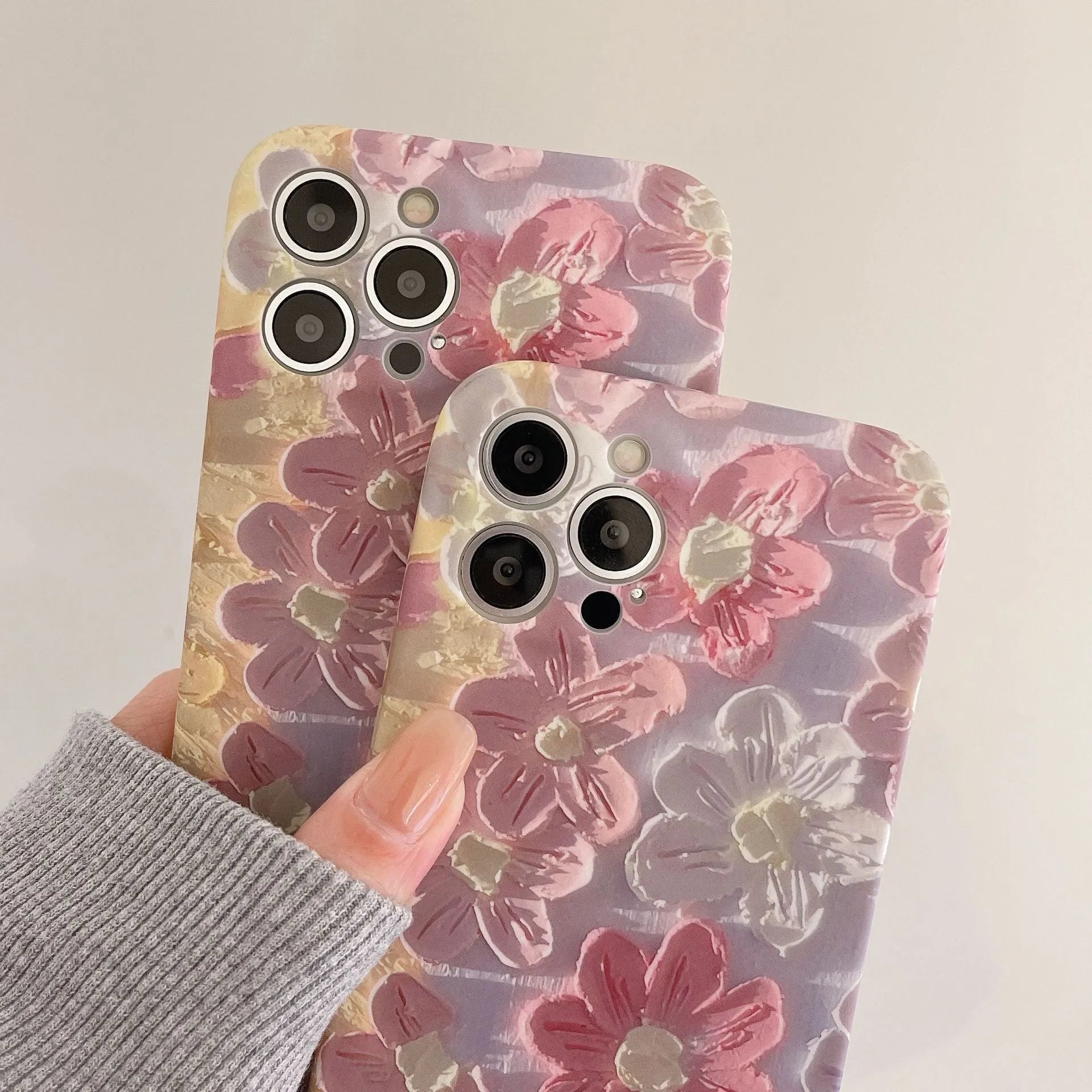 Pink silicone liquid oil painting flower phone case rear cover for iPhone