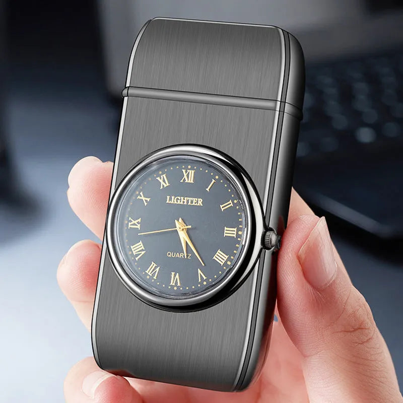 Electronic watch cigarette lighter with LED flashing lamp in metal body showing multiple colour finish options