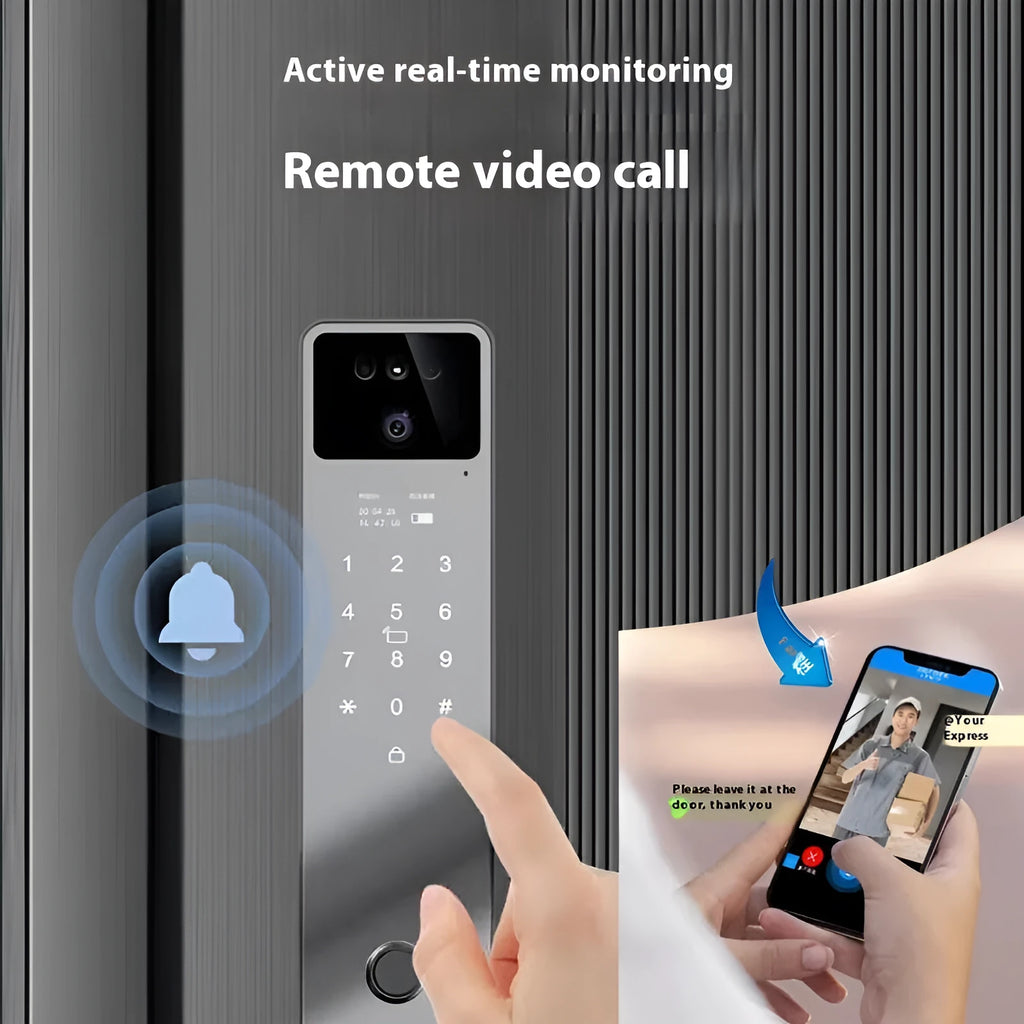 F7 model smart door lock with face recognition, fingerprint scanner, and keypad on aluminium alloy housing.