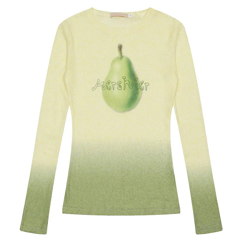 Women's gradient flower print long-sleeved T-shirt in light pink and yellow green colours