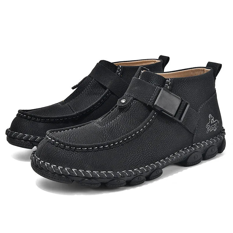 Handmade brown PU leather slip-on casual shoes with flat heel on a white background.