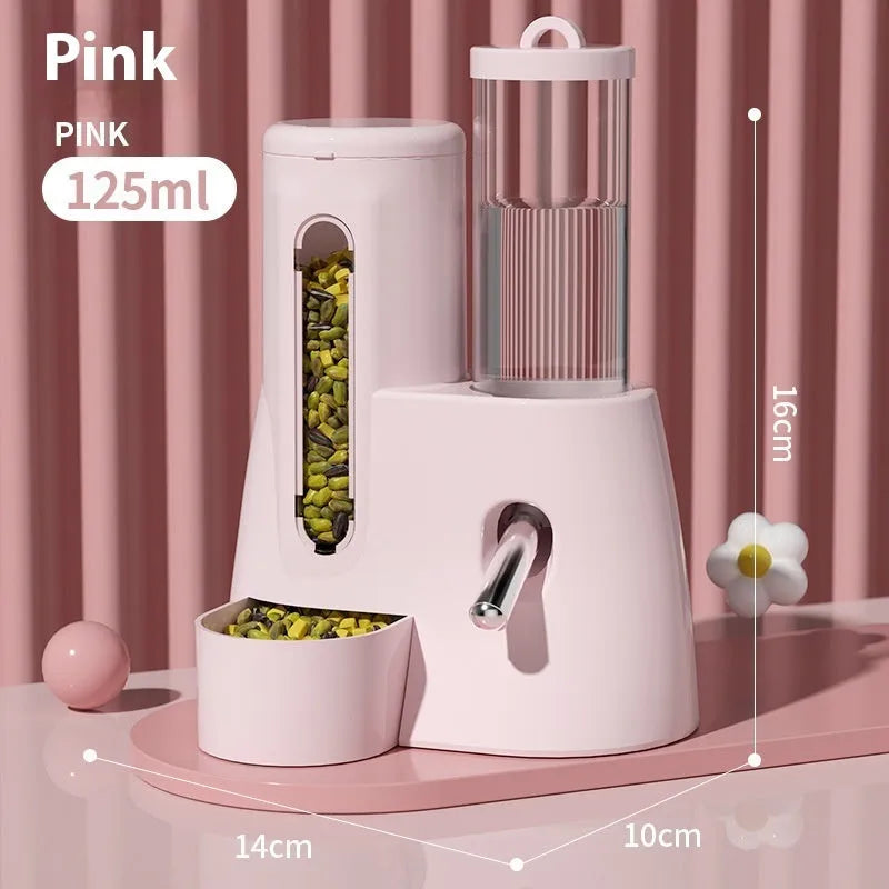 White automatic hamster drinking water feeder with integrated food basin on a stable base.