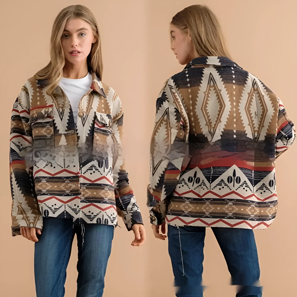 Women's loose-fit Aztec print retro jacket in sapphire blue, wool blend fabric with long sleeves.