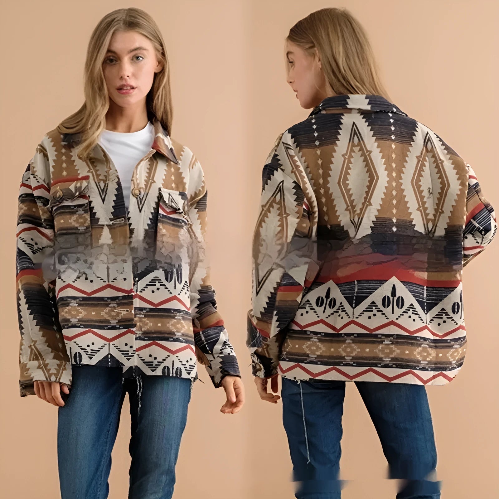 Women's loose-fit Aztec print retro jacket in sapphire blue, wool blend fabric with long sleeves.