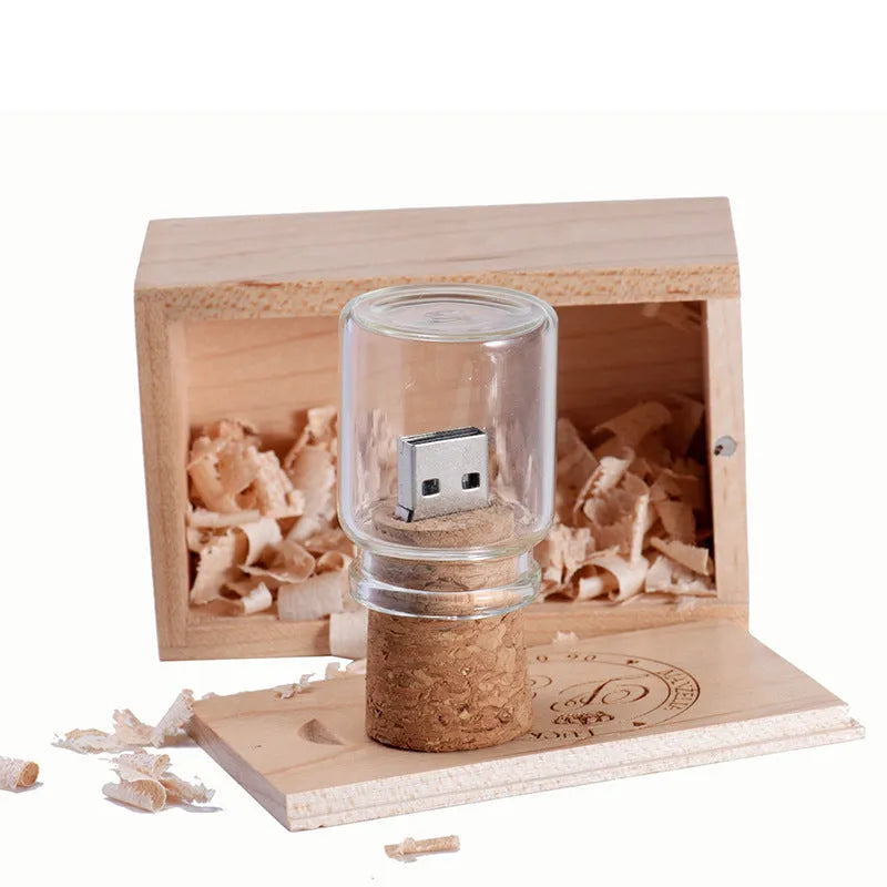 Chocolate brown wooden USB drive in a drift bottle storage disk shape with custom lettering on the side.
